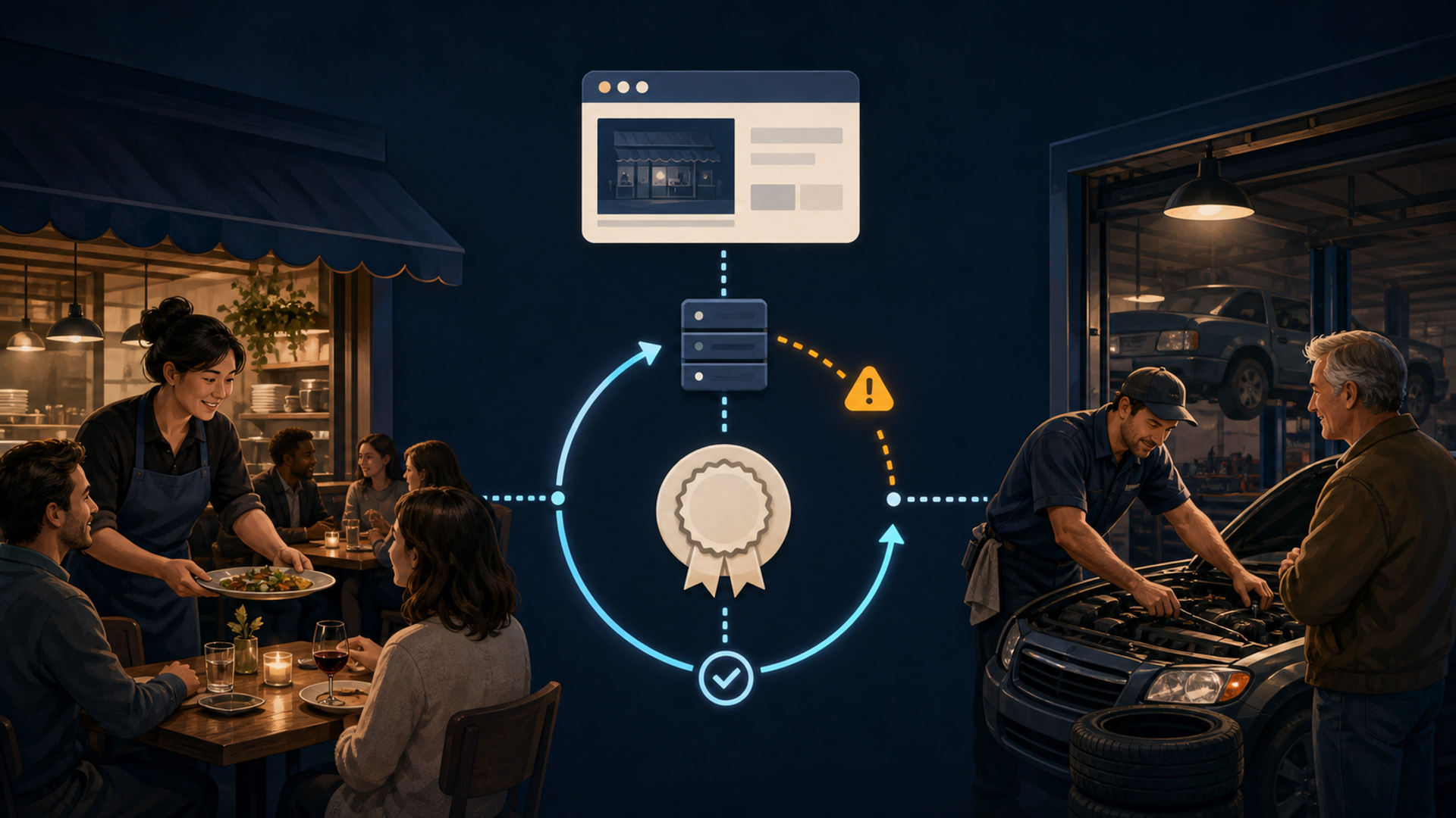A restaurant and repair garage connected by a certificate-renewal path through DNS, hosting, and public HTTPS verification.