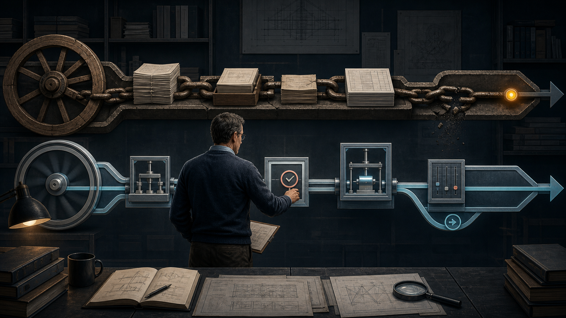 A human-guided engineering path with testing gates and rollback points alongside a rigid legacy path.