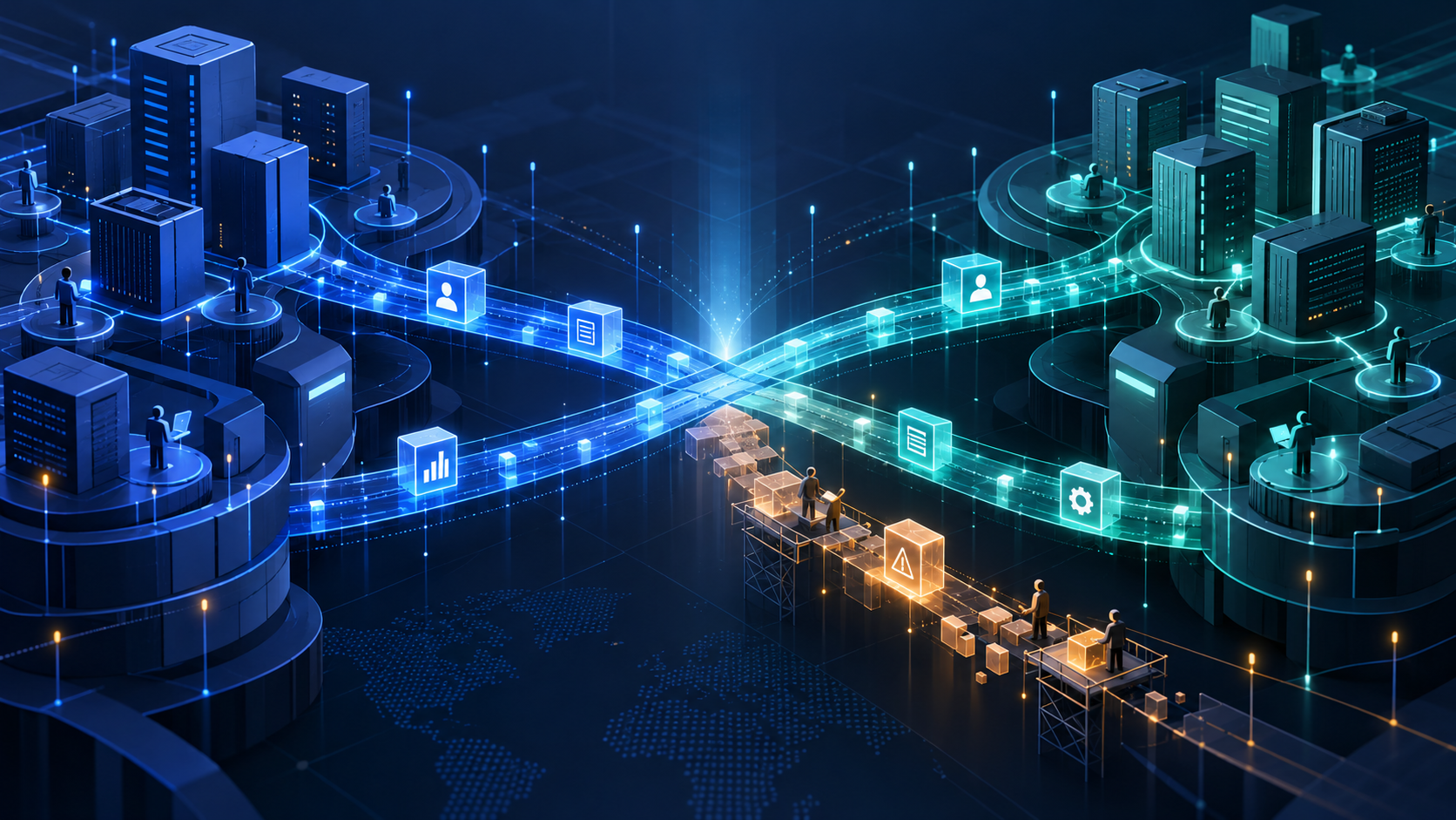 Two enterprise environments connected by blue and teal operating pathways while an amber knowledge route is deliberately rebuilt.