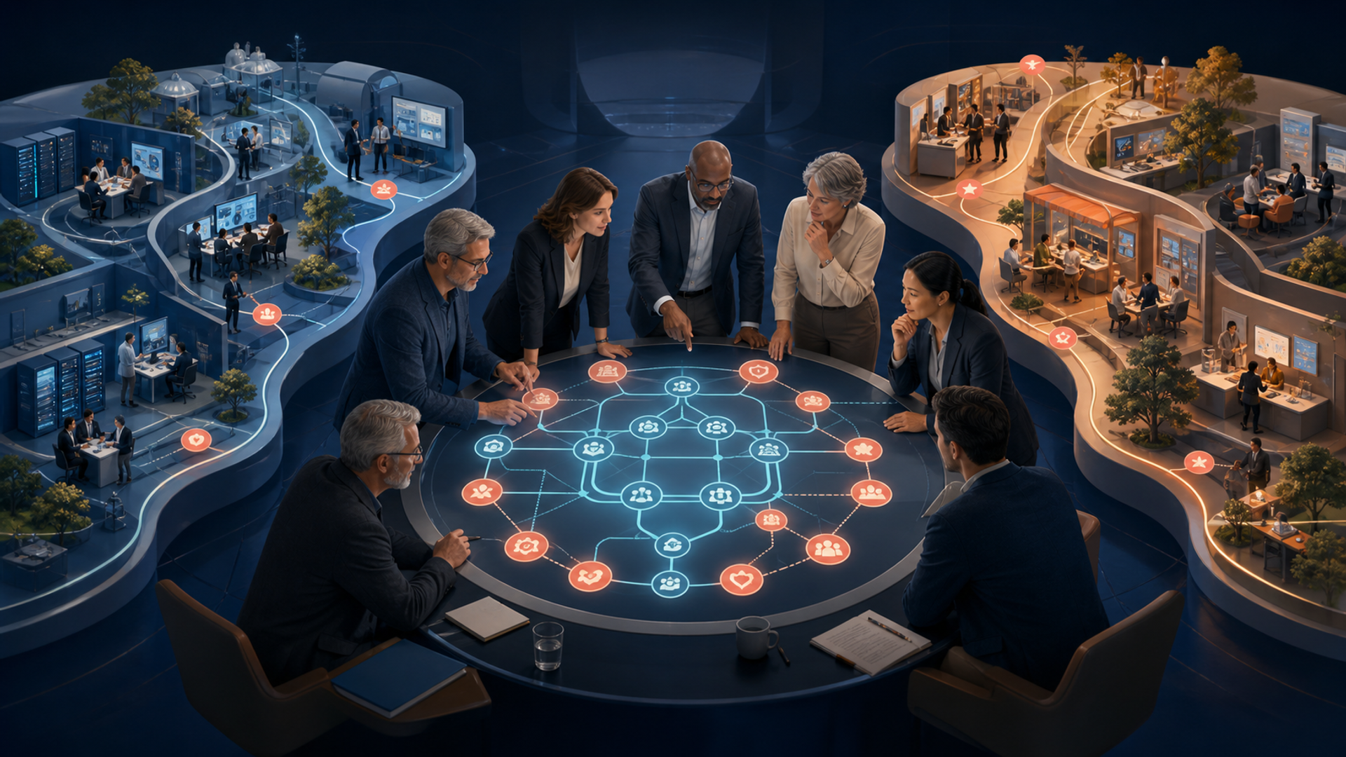 Two enterprise maps combine while selected people, systems, controls, and customer paths remain visible.