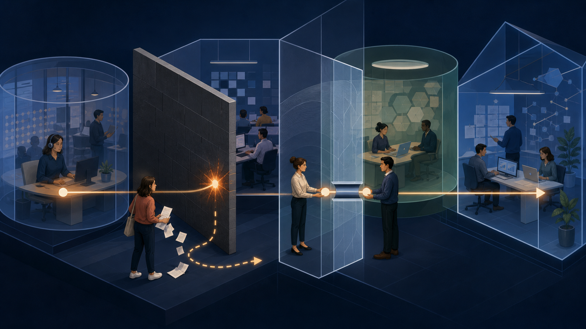 Teams are separated by transparent security boundaries with controlled gateways and one obstructive wall.